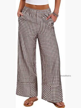 Gingham Plaid Wide Leg Palazzo Pajama Pants with Pockets